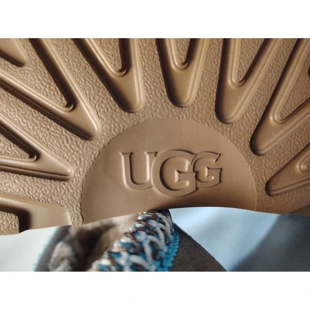 UGG Kids Tasman Chestnut Suede Slip On Slippers Blue Braid Embroidery Shoes 5